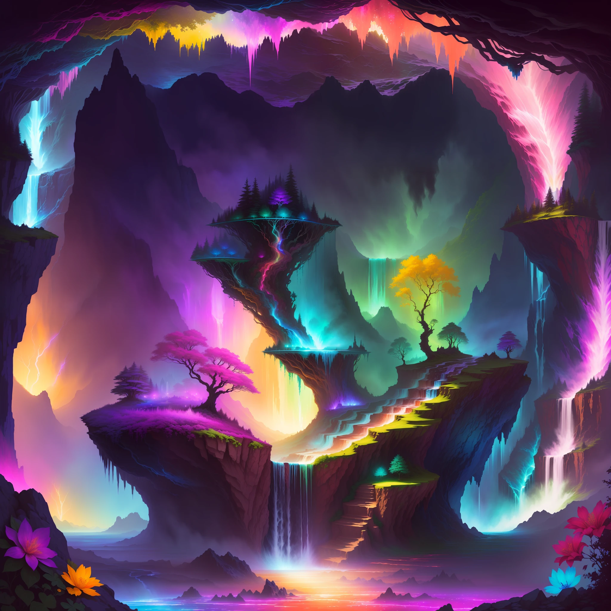a painting of a waterfall with a waterfall and a tree in the middle, colorful concept art, mystical fantasy landscape, magical colors and atmosphere, epic dreamlike fantasy landscape, magic crystal bridge colorfully, vibrant fantasy style, fantasy art style, colorfull digital fantasy art, intricate rainbow environment, detailed fantasy digital art