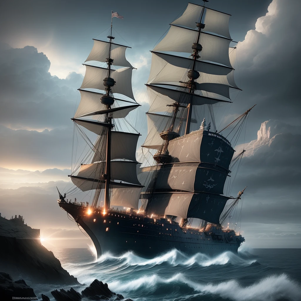 ship attacking castle on rocks,battle,night heaven,stars,ocean,glate gray atmosphere,cinematik stile,realistic render,4k,Ben Templesmith