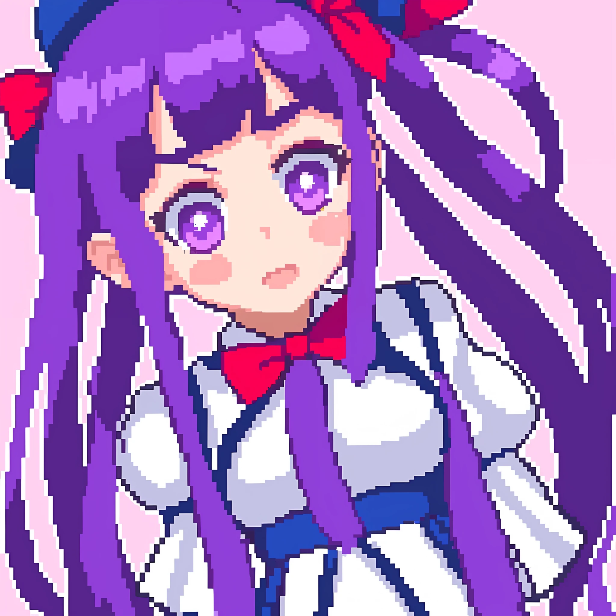 hcnone, pixel art, 1girl, alternate hairstyle, bangs, blue bow, bow, braid, breasts, capelet, crescent, crescent hair ornament, dress, eyebrows visible through hair, flying sweatdrops, grey background, hair bow, hair ornament, hat, hat ribbon, holding, holding hair, long sleeves, looking at viewer, low twintails, medium breasts, mob cap, parted lips, purple dress, purple hair, red bow, red ribbon, ribbon, simple background, solo, twin braids, twintails, v-shaped eyebrows, violet eyes, white capelet, white hat, wide sleeves