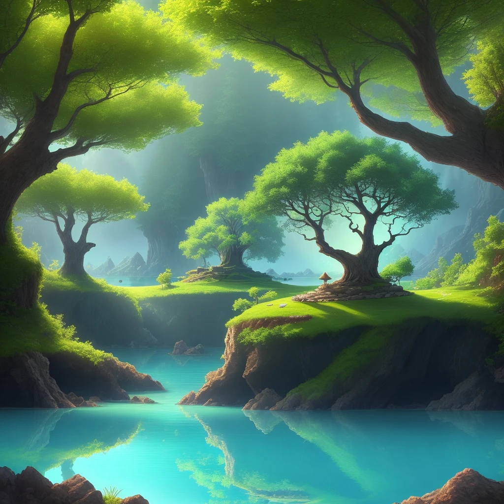 Magical, bright tree on a small islet in the middle of an underground lake