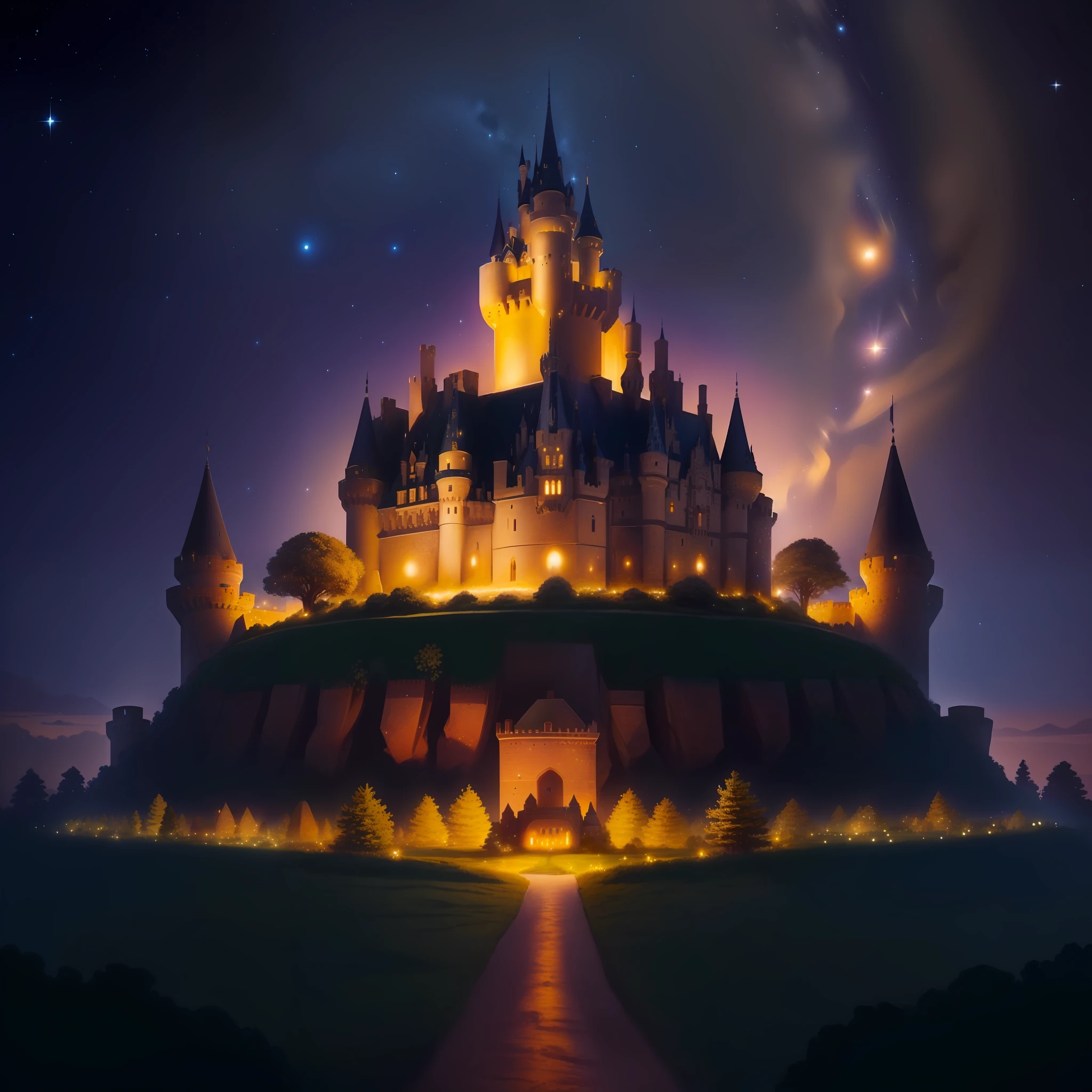 anthill with a castle surrounded by fireflies glowing in a starry night