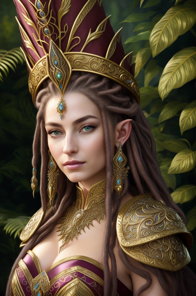 a close up of a woman with dreads and a crown on her head, portrait of an elf queen, a beautiful fantasy empress, detailed matte fantasy portrait, goddess. extremely high detail, beautiful and elegant elf queen, fantasy art portrait, a stunning portrait of a goddess, beautiful fantasy art portrait, epic fantasy art portrait, side portrait of elven royalty