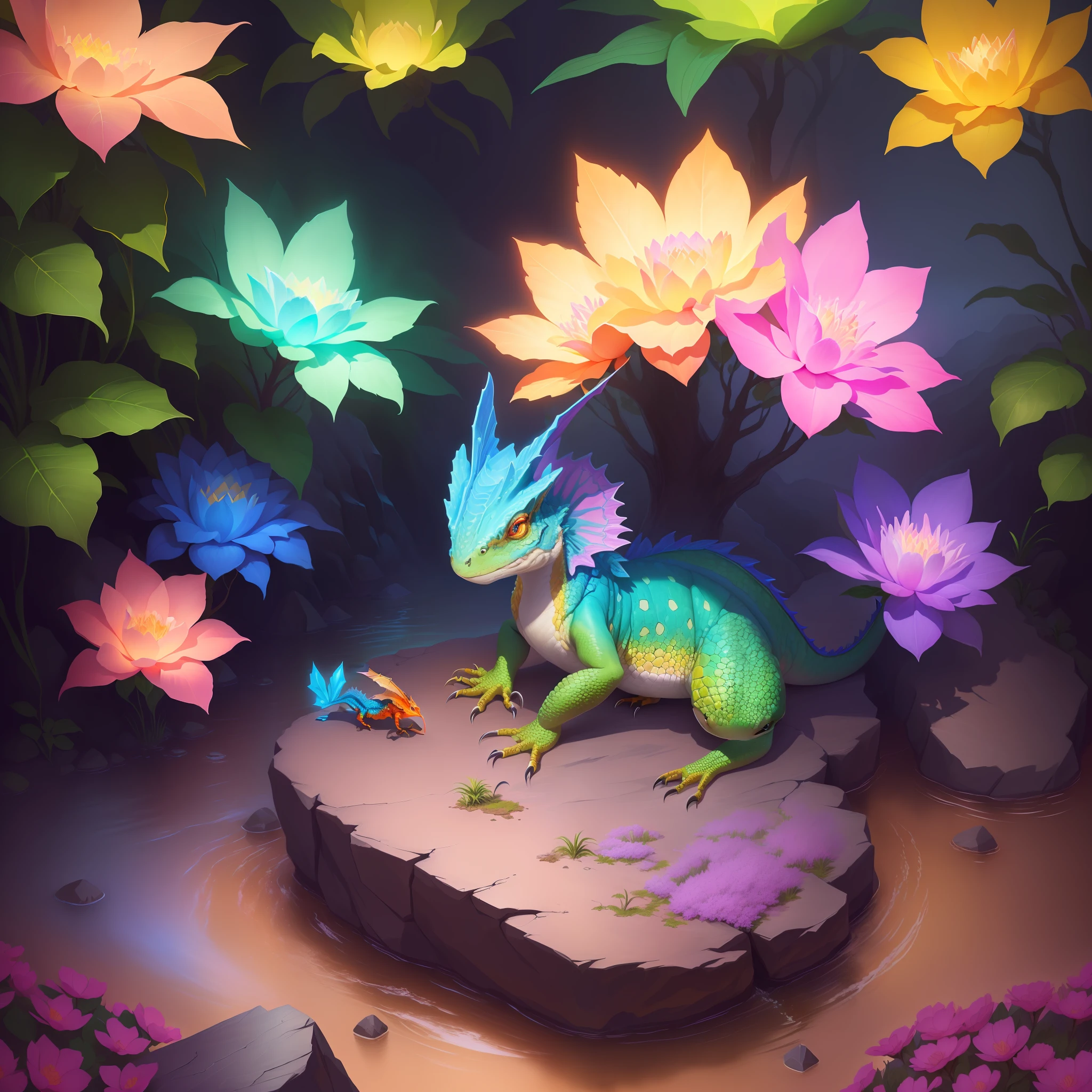 brightly colored lizard sitting on a painting of a waterfall with a waterfall and a tree in the middle, colorful concept art, mystical fantasy landscape, magical colors and atmosphere, epic dreamlike fantasy landscape, magic crystal bridge colorfully, vibrant fantasy style, fantasy art style, colorfull digital fantasy art, intricate rainbow environment, detailed fantasy digital art , adorable digital painting, cute detailed digital art, super detailed color lowpoly art, procreate illustration, digital painting highly detailed, highly detailed digital painting, realistic fantasy illustration, very detailed digital painting, low detailed. digital painting, newly hatched dragon, detailed digital painting, childrens art in artstation