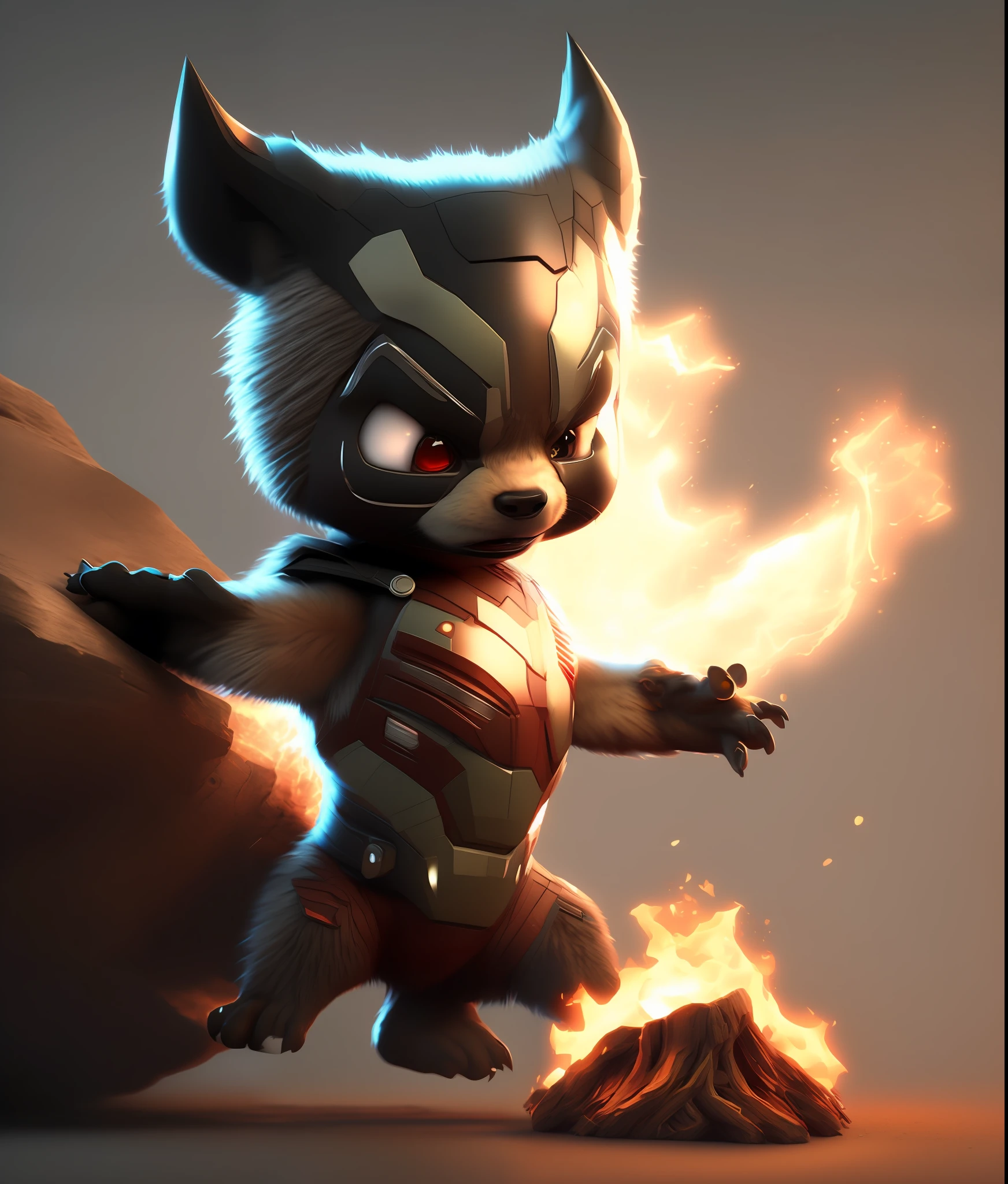 cinematic shot of realistic cute Wolverine , surounded by fire, seamless, epic, cinematic, intricate detail, award winning, great lighting, shading, high quality, detailed