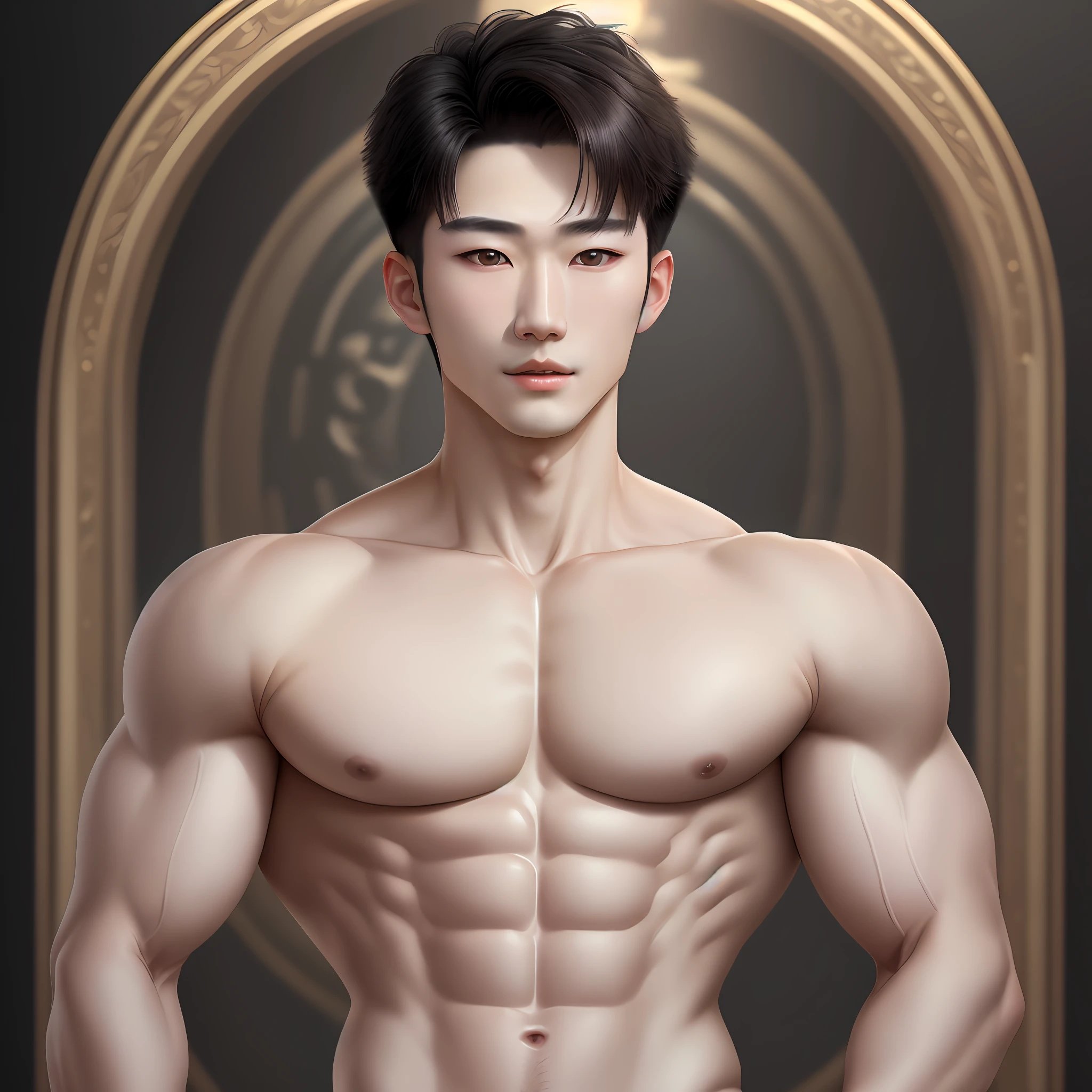 (masterpiece, ultra quality, high resolution, 8k, intricate: 1.2), (detailed face:1.2), handsome, Young Korean man ,white skin, double eyelids , detailed skin, 1boy, ((realistic)), abs, good lighting quality, muscle veins, ((pale skin))