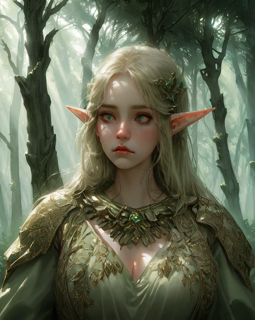 female elf, dramatic, emotional, determined expression, forest scene, fog, sunbeams, backlight,particles,glow,power,dramatic angle,contemplative