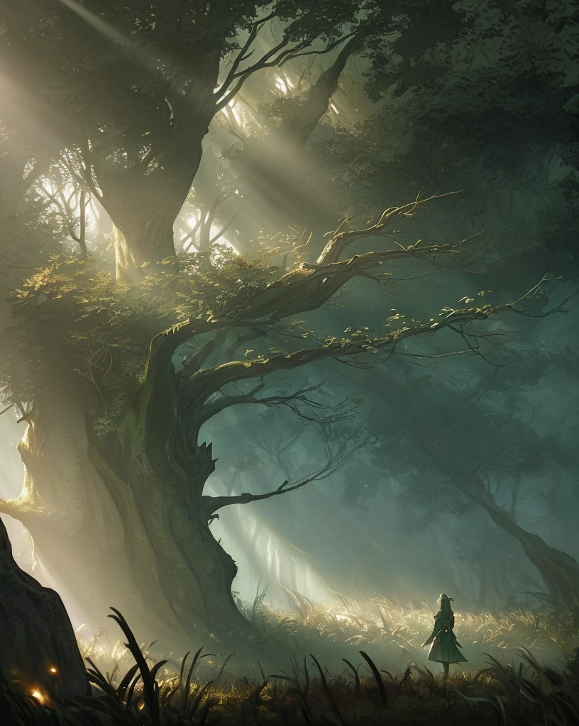 stylized female elves powerfully casting magic, dramatic, emotional, determined expression, forest scene, fog, sunbeams, backlight,particles,glow,power,dramatic angle