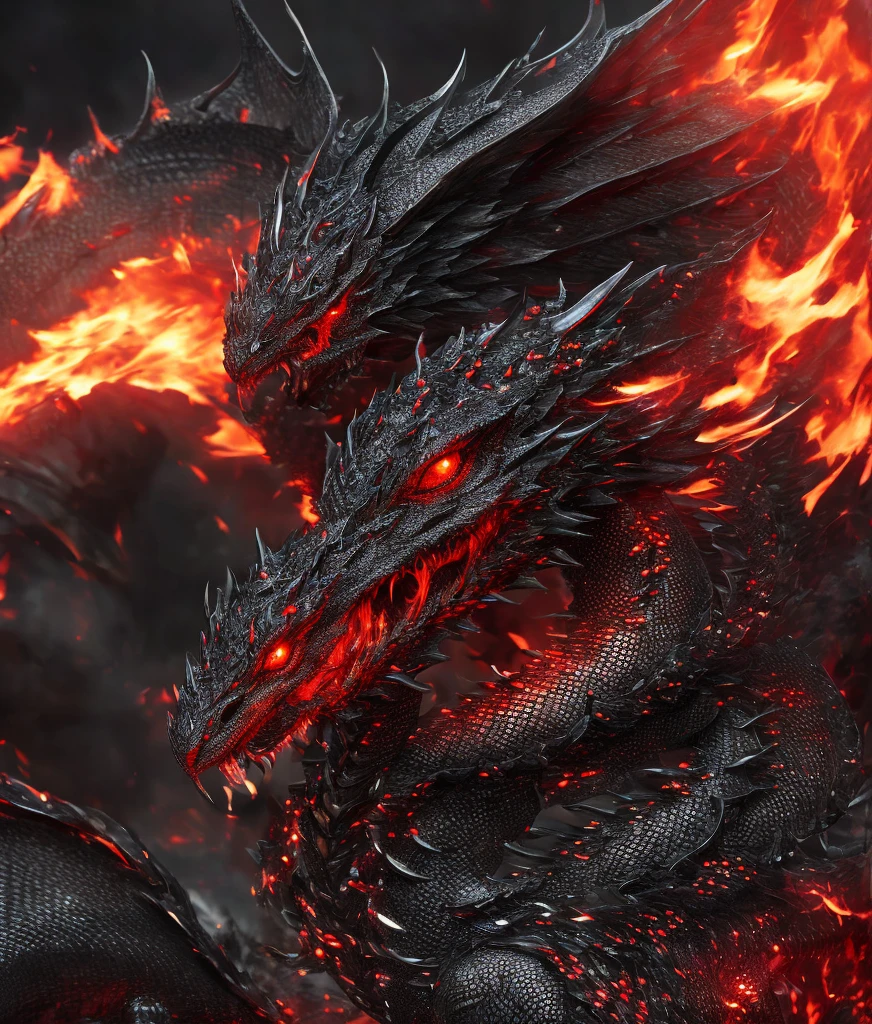 masterpiece, best quality, ((1lady)), Pretty, Black hair, {Red glowing eyes}, Black dragon scales, black dragon tail, Dark Forest, firelight, Arkenberg diamonds, scorn, Richly decorated clothes, chain, 8k wallpaper, highly detailed, hyper realistic, movie shot,