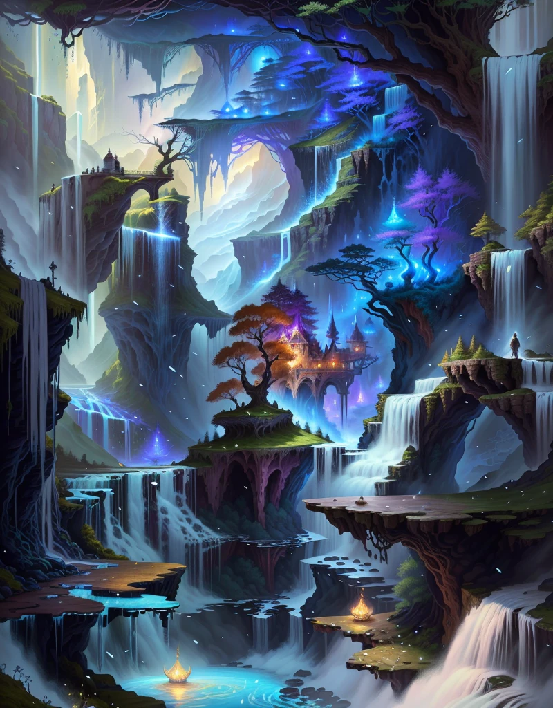 a painting of a waterfall with a waterfall in the middle, detailed fantasy digital art, magic fantasy highly detailed, highly detailed fantasy art, beautiful detailed fantasy, magical environment, magical background, magical landscape, intricate fantasy painting, detailed fantasy art, detailed dreamscape, fantasy highly detailed, detailed fantasy illustration, 4k highly detailed digital art, beautiful fantasy painting, magical fantasy forest