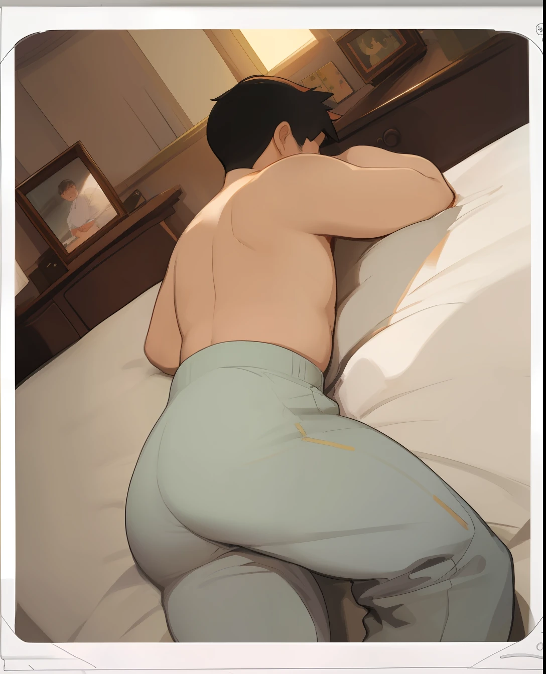 a chubby yong boy, ass, bed, polaroid