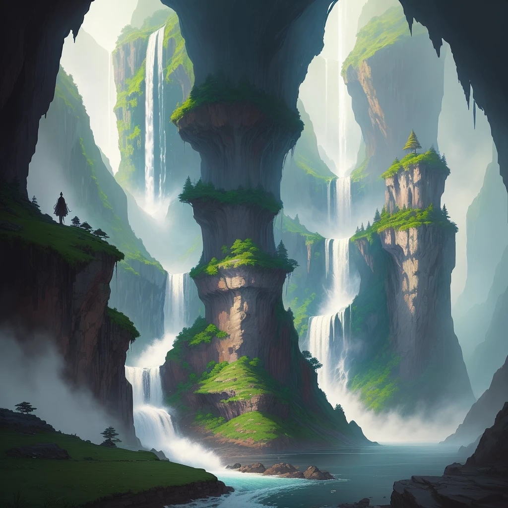 a painting of a waterfall with a waterfall in the middle, a detailed painting inspired by Andreas Rocha, Artstation contest winner, fantasy art, detailed fantasy digital art, magic fantasy highly detailed, highly detailed fantasy art, beautiful detailed fantasy, magical environment, magical background, magical landscape, intricate fantasy painting, detailed fantasy art, detailed dreamscape, fantasy highly detailed