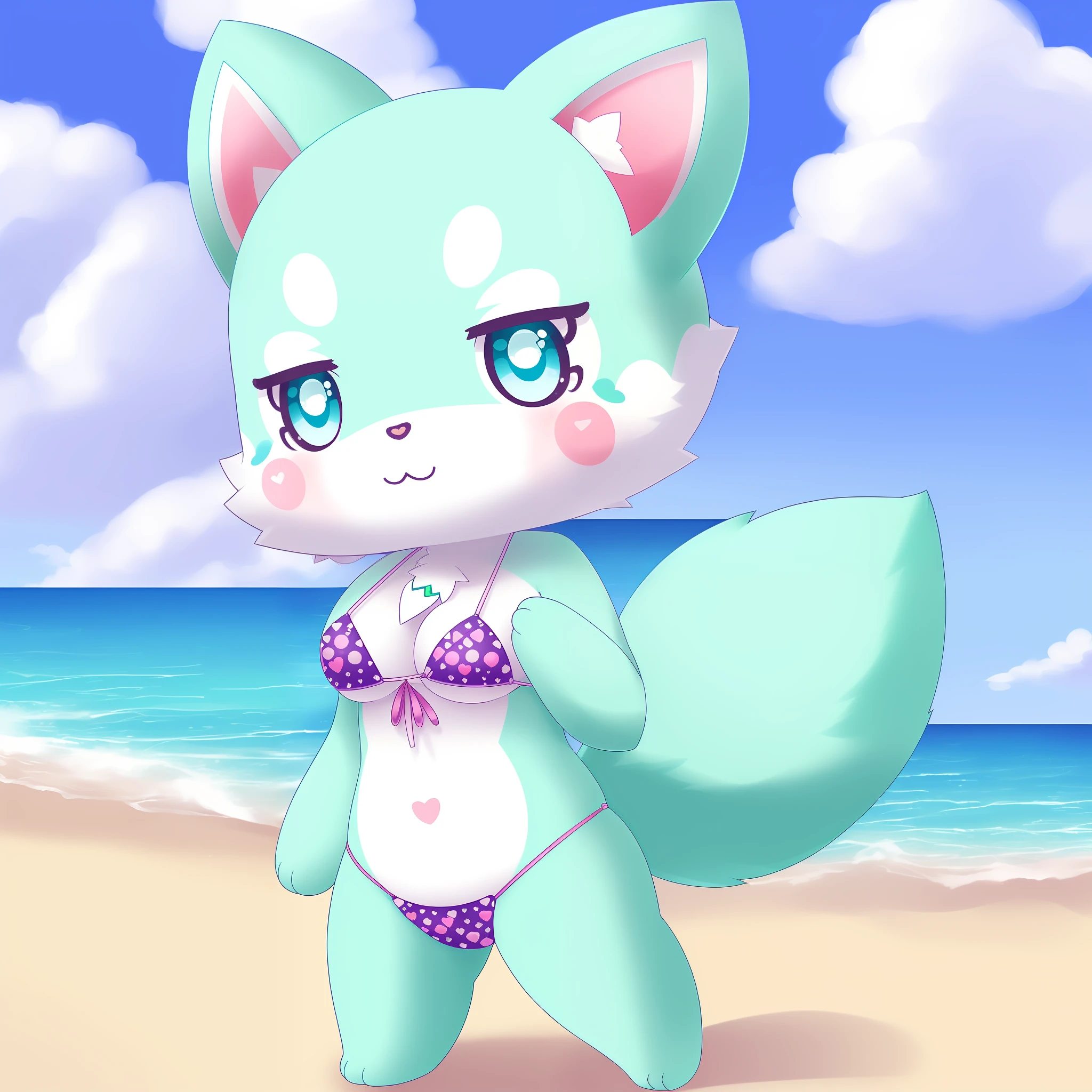 "((Cute, Kawaii, Chibi:0.9, Jewelpet:1.2)), finest quality, exquisitely detailed, (1girl), with captivating blue eyes, (green fur:1.3), (sultry pose:1.2), clad in a (alluring bikini:1.3), surrounded by picturesque beach scenery, a captivating solo shot to cherish)", flat chest