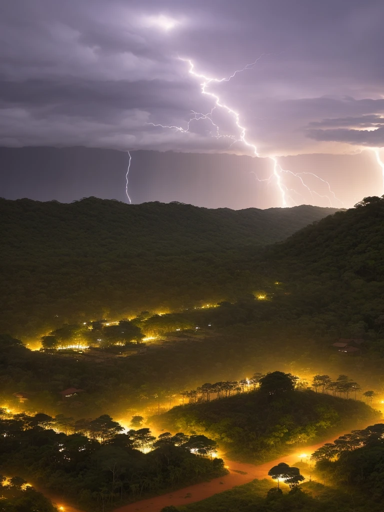 A Brazilian indigenous village of the Guarani people and lightning falling in the background in the forest