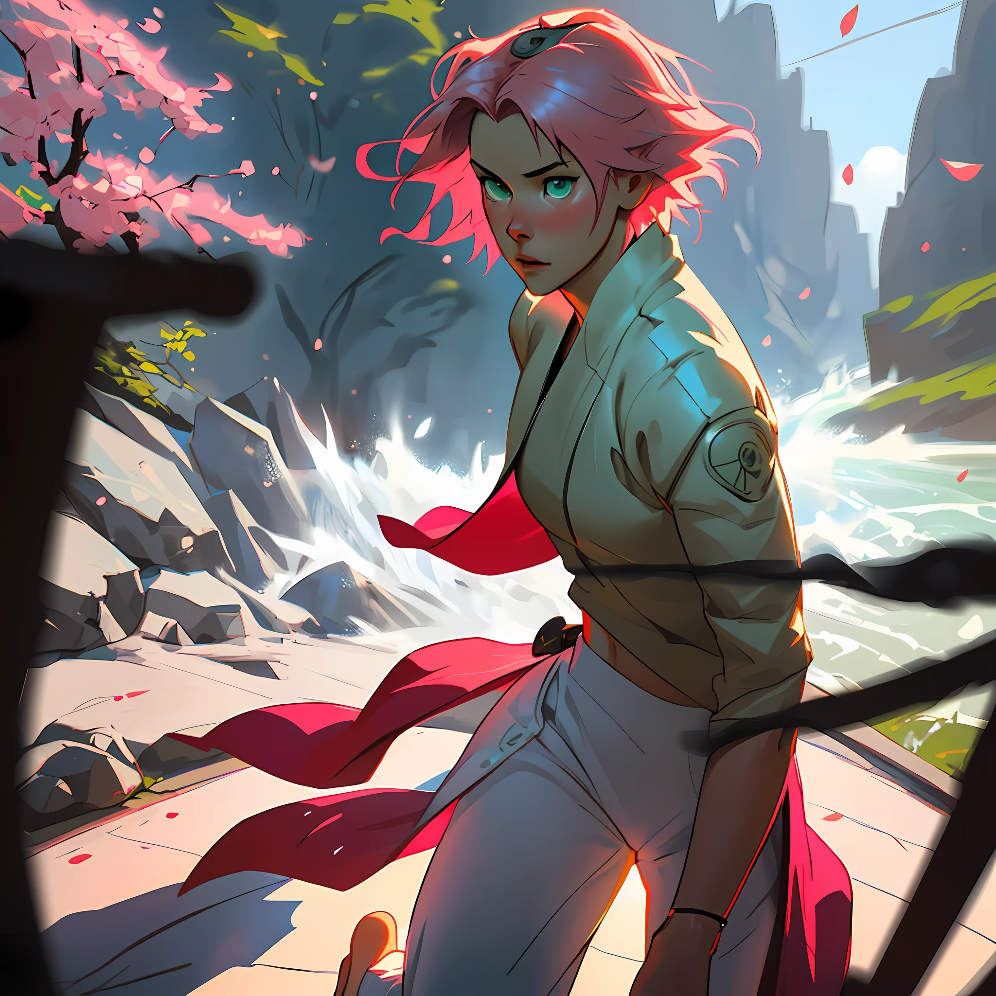 Beautiful woman, Sakura haruno, seductive, ((forehead to show)), alone, attractive, sensual eyes, green eyes, red coat, pink hair, delicate, young, short hair, white pants, detailed face, high definition, full body, ((punching)), defined features, well-drawn strokes, from League of Legends, trend in artstation, by rhads, andreas rocha, rossdraws, makoto shinkai, laurie greasley, lois van baarle,  Ilya Kuvshinov and Greg Rutkowski