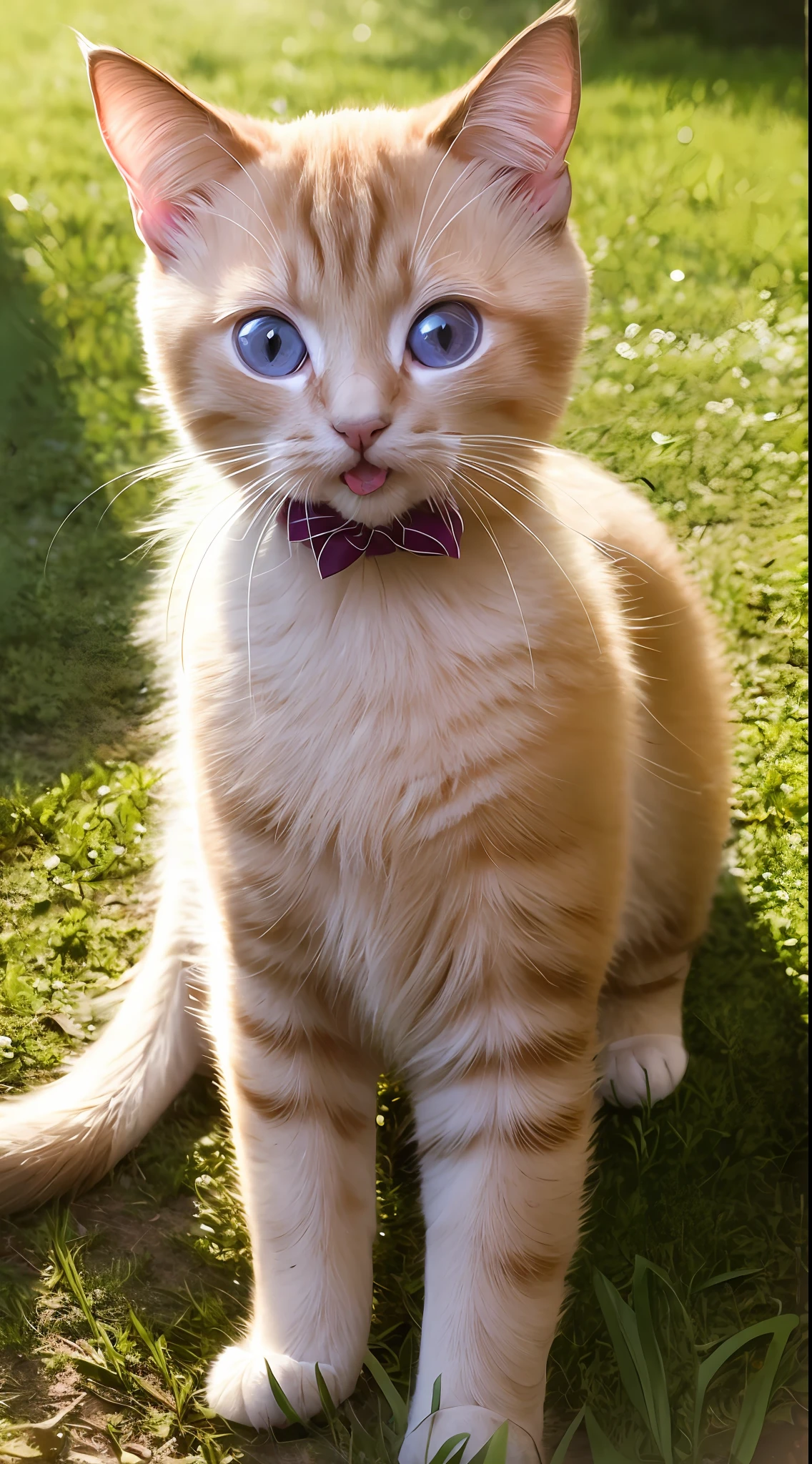 Cute Siamese cat, (small)))), sticking out tongue, 8k, professional photography, delicate, clear, , sun, light leak, masterpiece, ((((cute)))), (reality)))), ribbon, ruffles, smile, fluffy, flowerbed, nap, (beautiful coat), grooming