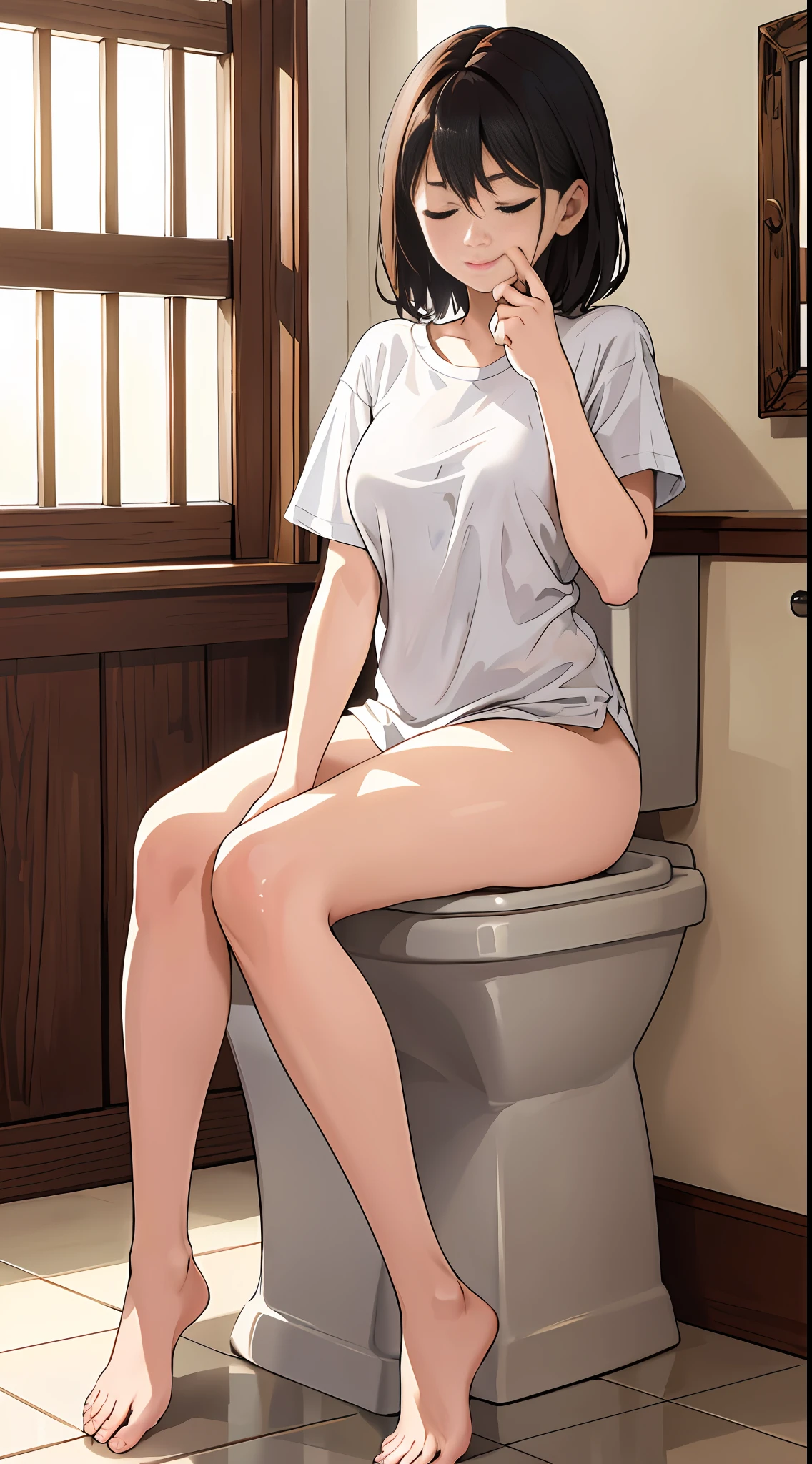 masterpiece, high quality, very detailed, sideways, (toilet use: 1.8), (sitting: 1.2), (pulling panties: 1.4), (bathroom: 1.2), (fresh: 1.7), bottomless, 1girl, interior, (eyes closed: 1.5), surprised, (toilet: 1.3), toilet paper,NSFW