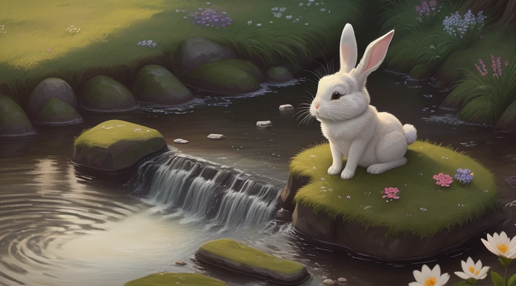 The Leaping Rabbit is sitting on the edge of the stream, with a sad expression on his face. The bruised paw is shown in the foreground, with small tears falling from the rabbit's eyes. Around it, there are stones and flowers, highlighting the fragility of the moment.