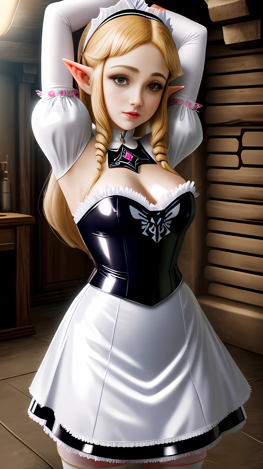 Princess Zelda wearing latex maid's clothes, cleaning up in the Batcave.