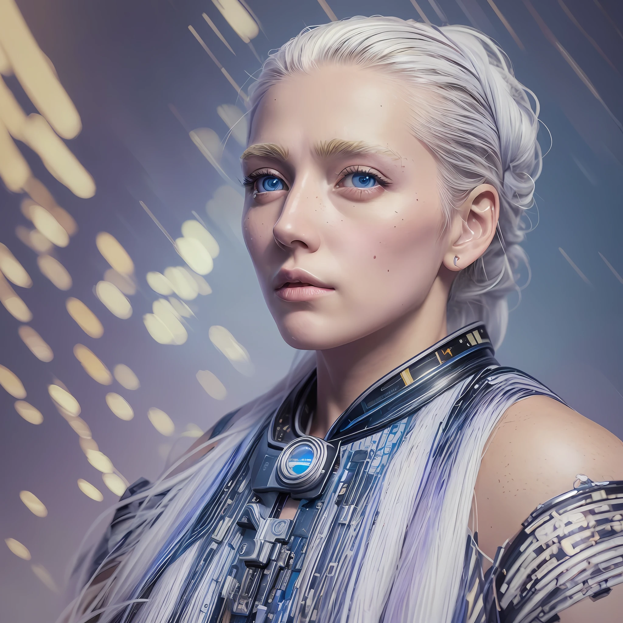 (8k, RAW photo, photorealistic:1.25) , Masterpiece, best quality, 8k, UHD, painting, beautiful eyes and detailed face, illustration, beautiful detail, high resolution illustration, glowing_white_particles, 1girl, white hair, lilac eyes, short side tail,, deadpan, cyberpunk, tech suit, (Impressionist: 1.4), Vincent van Gogh --v 6