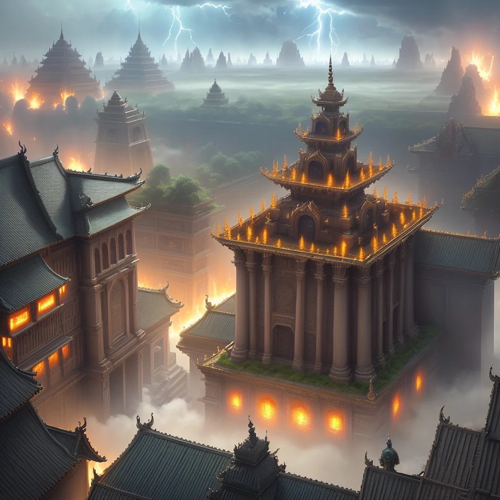 maze scene seen from above, (fenced place full of traps), 2 men, space combat suits without helmets, winged creatures, lighting, explosions, splendor, mist, temple, clouds, people watching, fire around, lightning