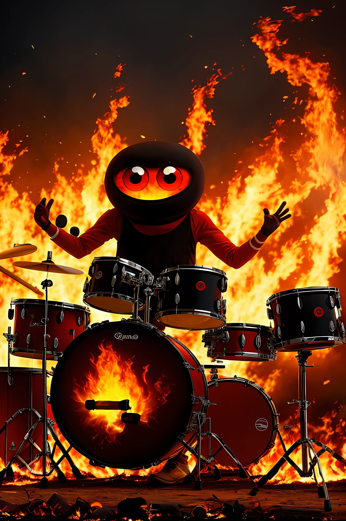 Image of a red-eyed monster playing drums amid realistic burning fires, all-black battery