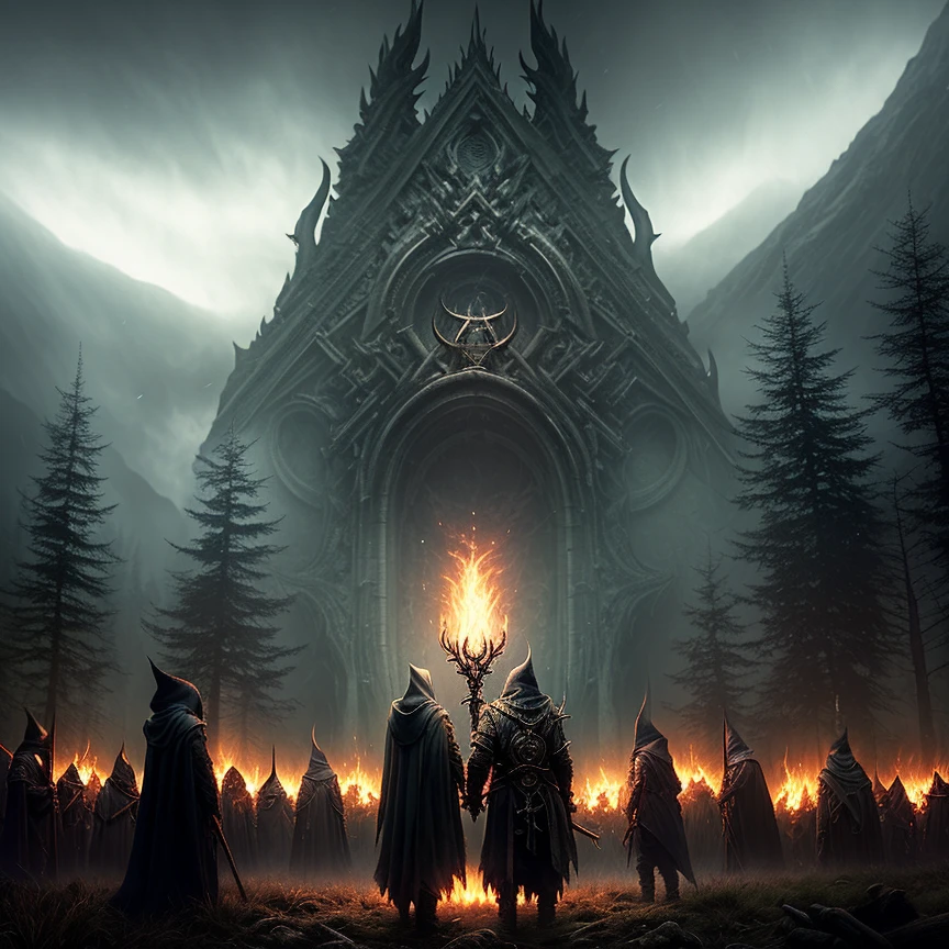 Satanic ritual in forest, hooded people in circle, macabre monster, hazy background, realistic epic, rutkowski, hdr, intricate details, hyperdetailed, cinematic, rim light, muted colors: 1.2, dark fantasy, dark sky, with dark mountains in the background, dark atmosphere, fear, horror, torches of fire, red, dark forest, night