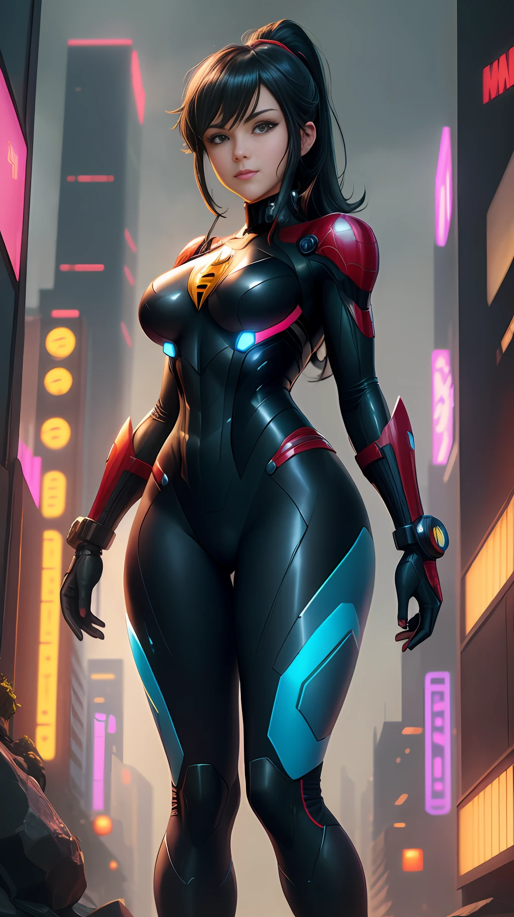 8K highly detailed image,Unreal Engine 5,Anime style,Mega Man-X style,SpiderMan style,Batman style,Super Metroid style,Cyberpunk style. Image of a woman cosplaying Mega Man-X/Samus Aran/SpiderMan/Batman. Black hair,blue eyes,staring intently at the viewer,extreme upgraded suit,weapons,set in futuristic city with heavy rain,facing viewer,smile.