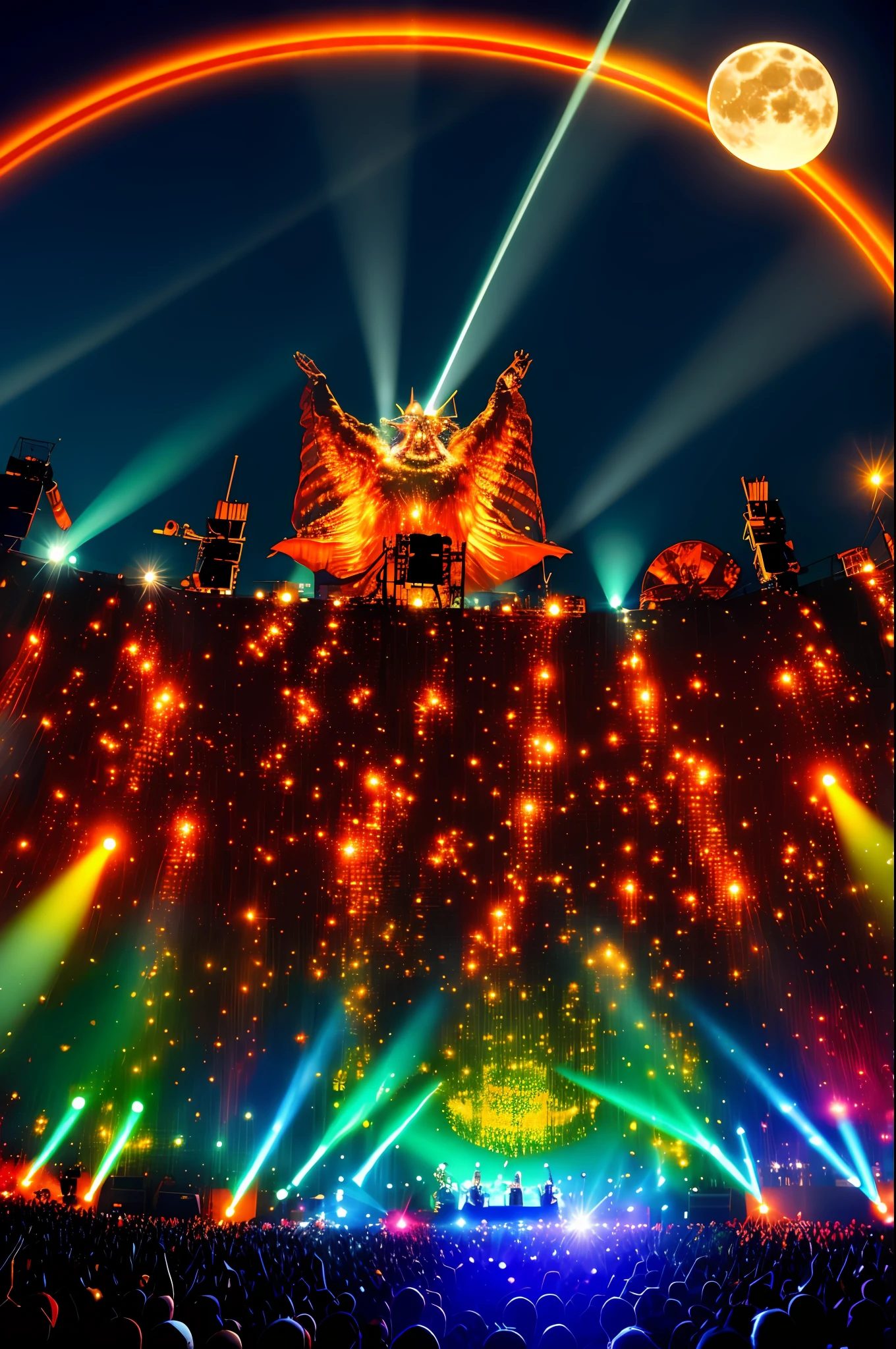 Band formed by monsters, stage illuminated with rays of lights, orange moon