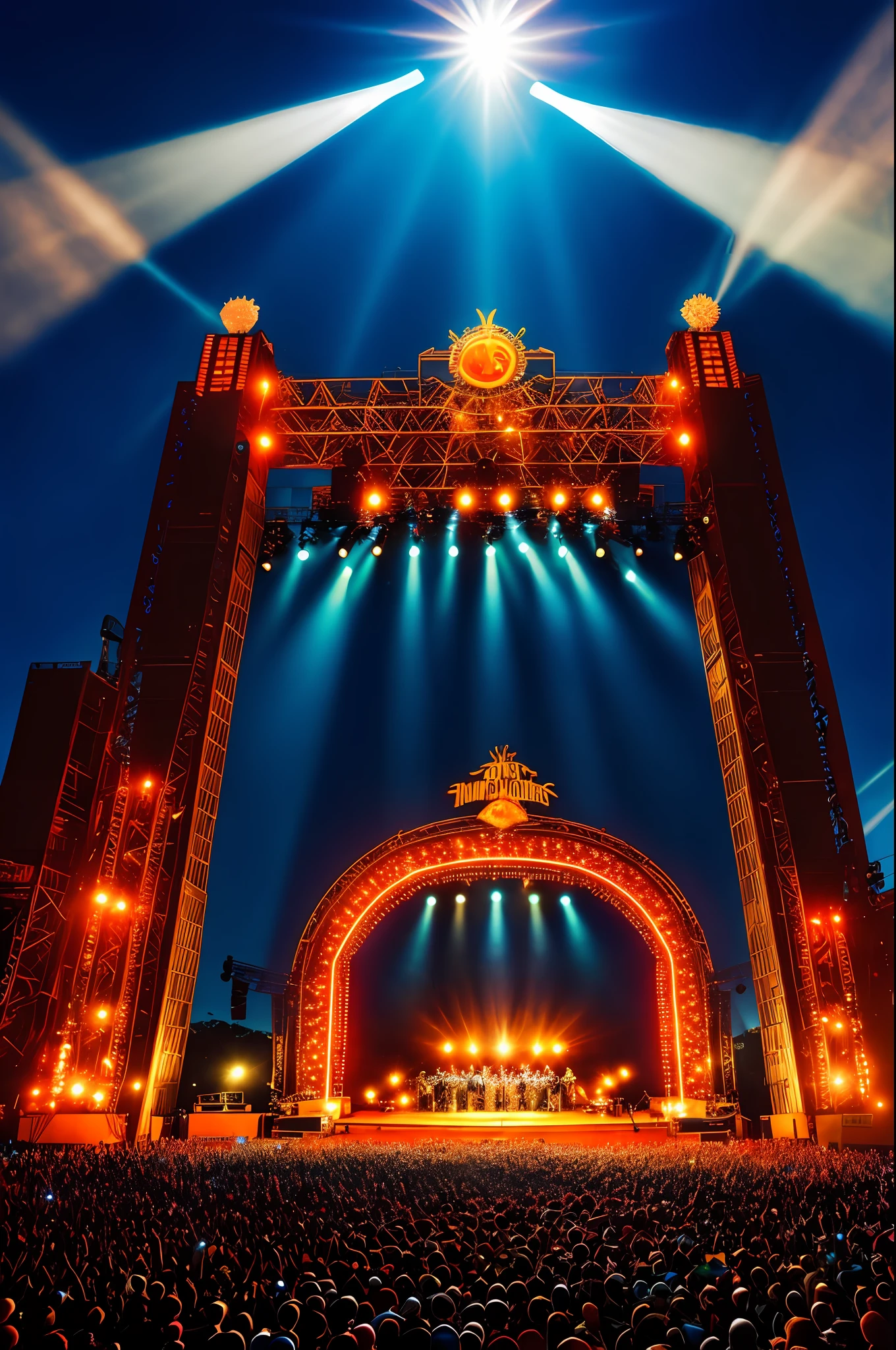 Band formed by monsters, stage illuminated with rays of lights, orange moon