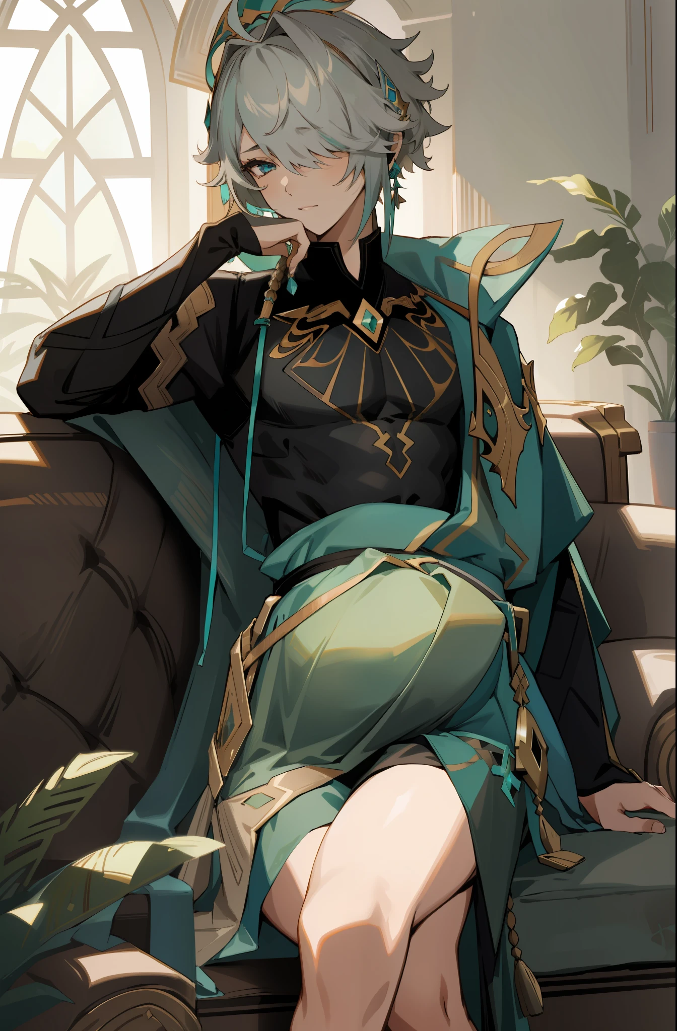 (well detailed background) (best quality), (high quality), (masterpiece), 1girl, solo , alhaitham \(genshin impact\), short hair, grey hair, medium breasts, hair over one eye, headpiece, turquoise eyes, detailed green robe, loose maternity long robe ,tied above belly, pregnant, pregnant belly, hand on belly, black detailed sash belt, long sleeves, jewelry, caressing belly , indoor, leaving room, sofa, sitting on a couch, mature tall female