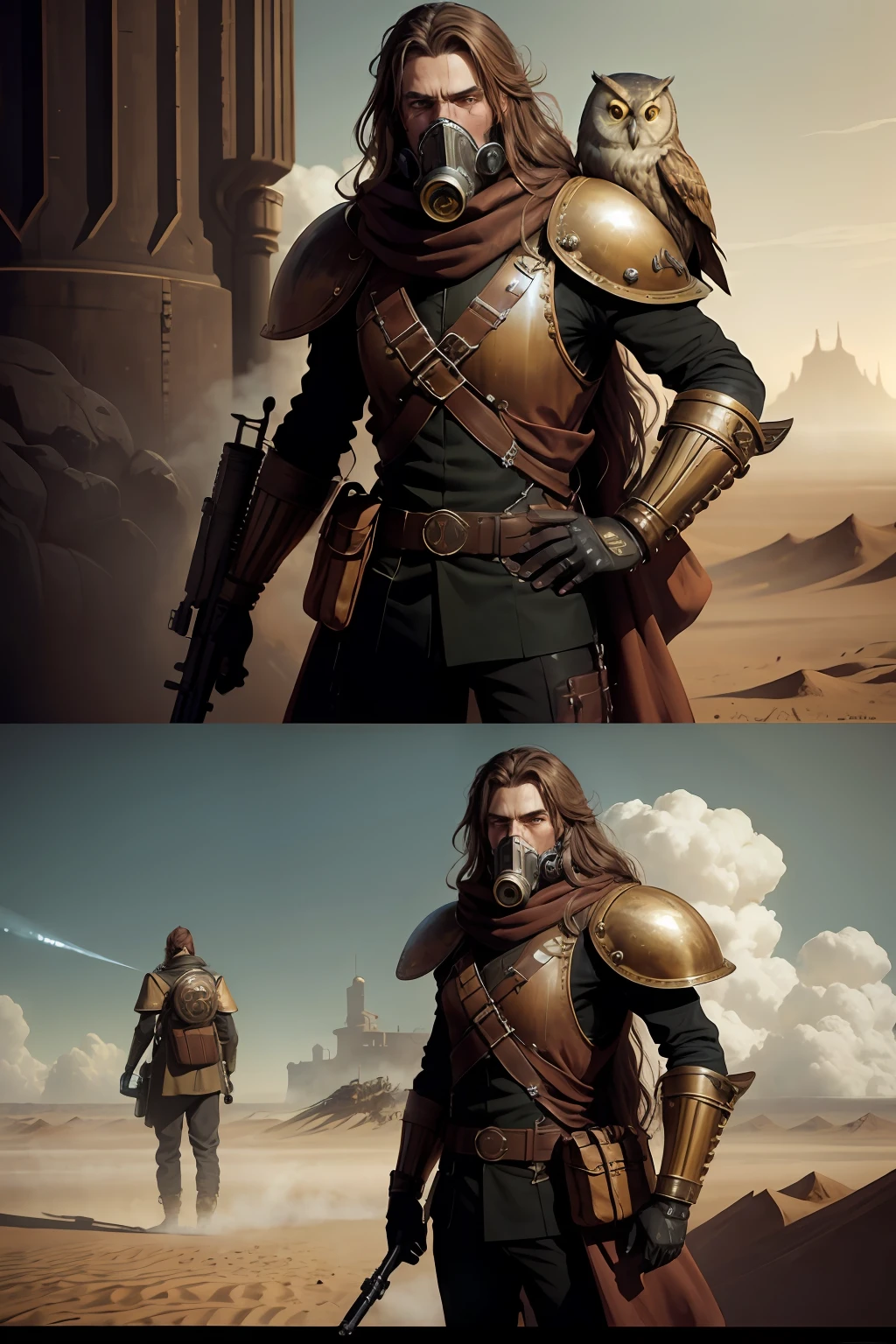 Steam punk scenario, wallpaper, 4K, dune-inspired, masterpiece, painting, hyper realistic, character with gas mask, long hair, gun in hand, leather armor, with a large owl on his shoulder. 1:1