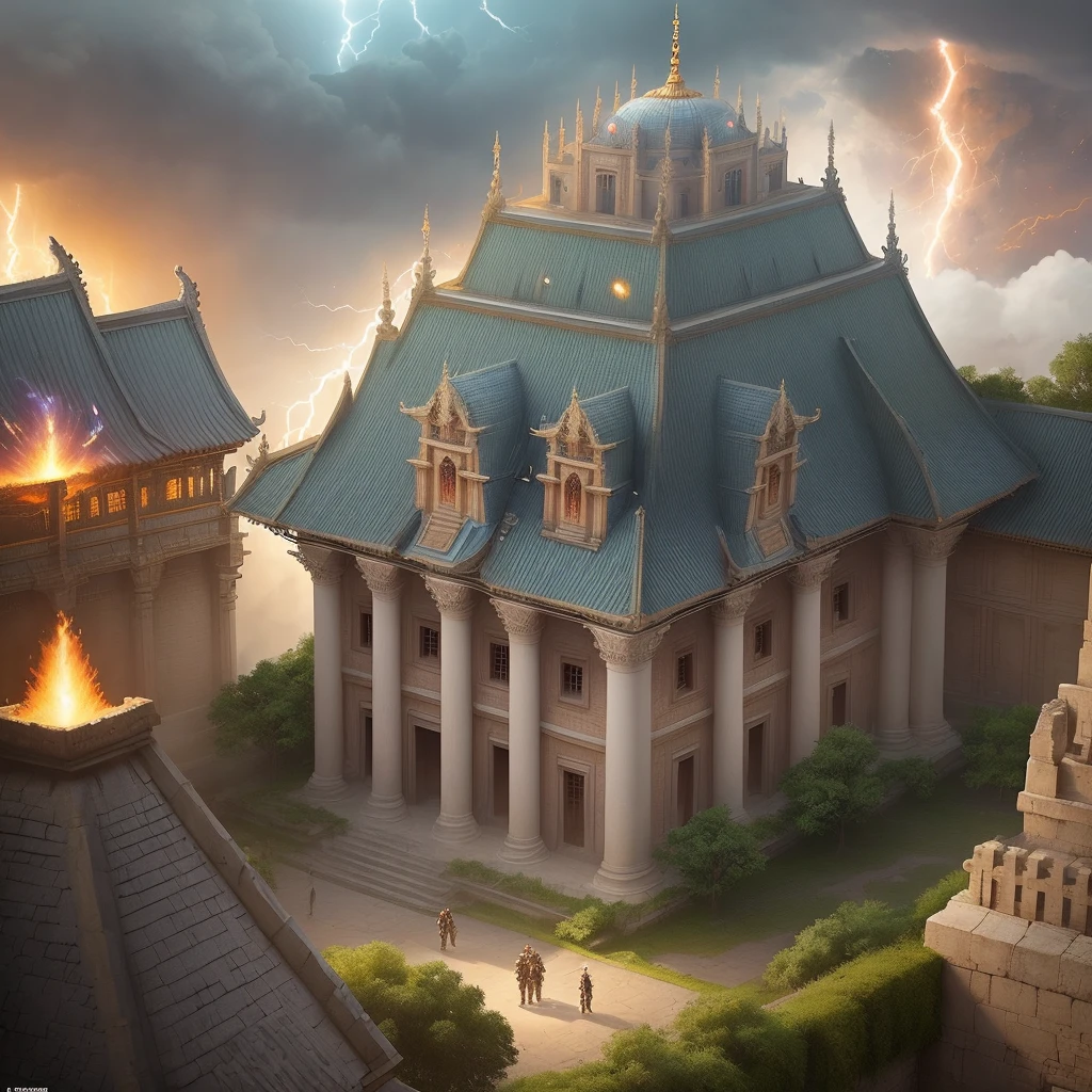 Labyrinth scene seen from above, (place surrounded walls), 2 men, space combat suits without helmets, 2 men with space suits in front of the temple, traps, winged creatures, lighting, explosions, splendor, mist, temple, clouds, people watching, fire around, lightning