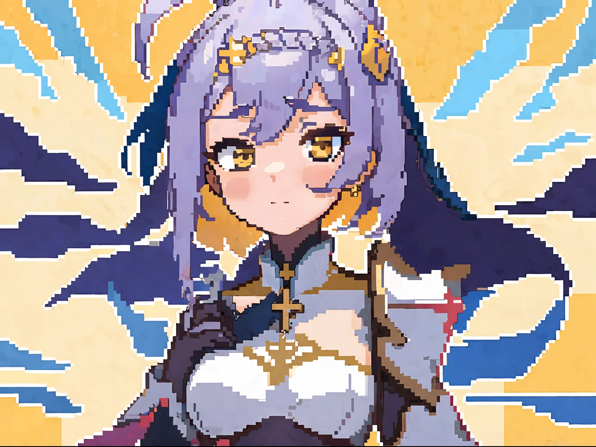 masterpiece, high quality, hcnone, pixel art, 1girl, noelle genshin impact, simple gold color background