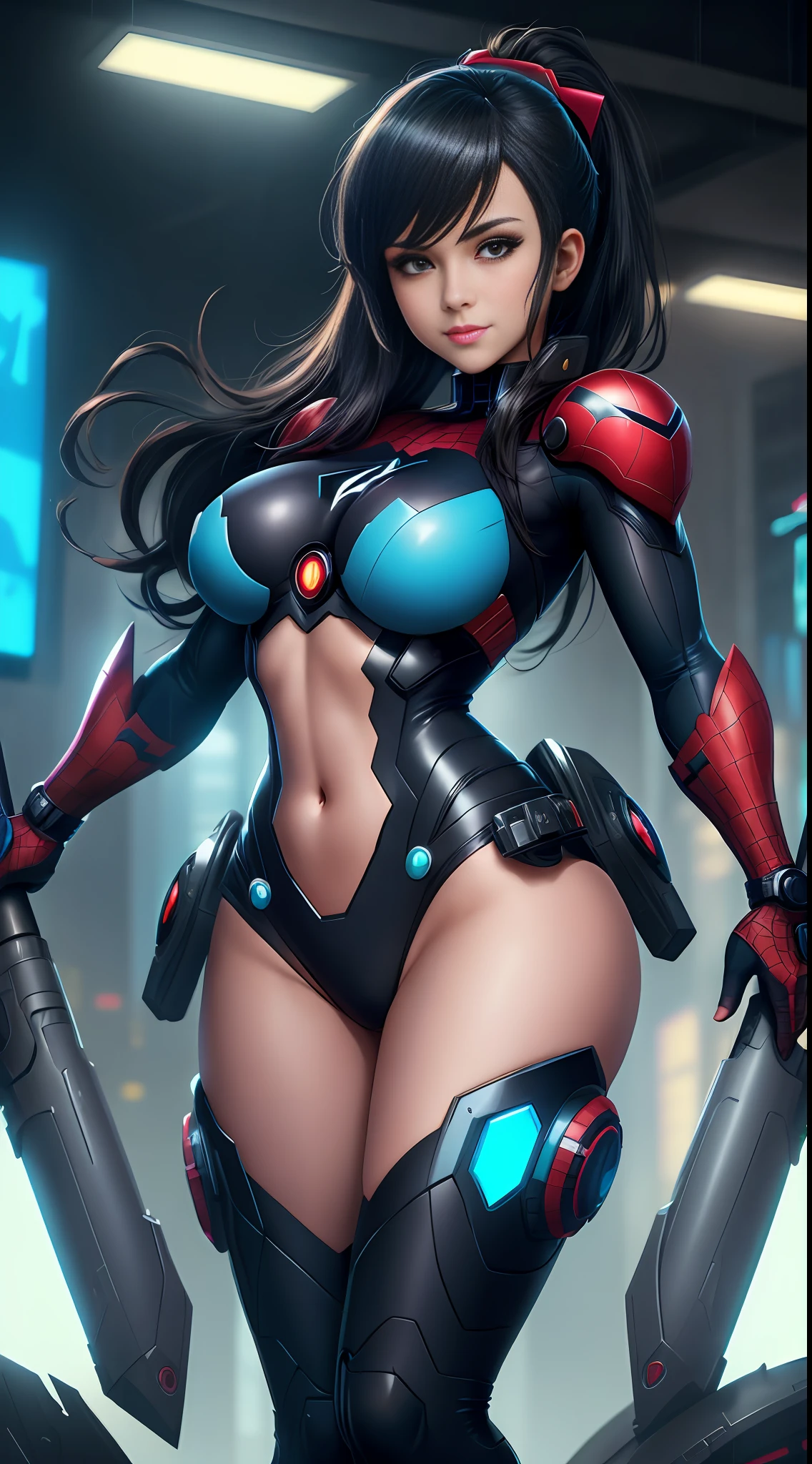 8K highly detailed image,Unreal Engine 5,Anime style,Mega Man-X style,SpiderMan style,Batman style,Super Metroid style,Cyberpunk style. Image of a woman cosplaying Mega Man-X/Samus Aran/SpiderMan/Batman. Black hair,blue eyes,staring intently at the viewer,extreme upgraded suit,weapons,set in futuristic city with heavy rain,facing viewer,smile.