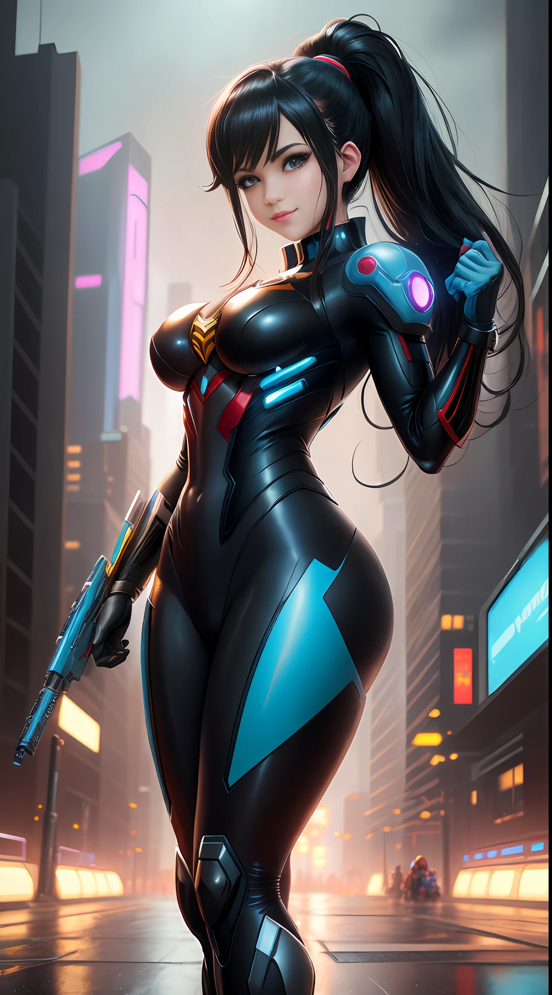 8K highly detailed image,Unreal Engine 5,Anime style,Mega Man-X style,SpiderMan style,Batman style,Super Metroid style,Cyberpunk style. Image of a woman cosplaying Mega Man-X/Samus Aran/SpiderMan/Batman. Black hair,blue eyes,staring intently at the viewer,extreme upgraded suit,weapons,set in futuristic city with heavy rain,facing viewer,smile.