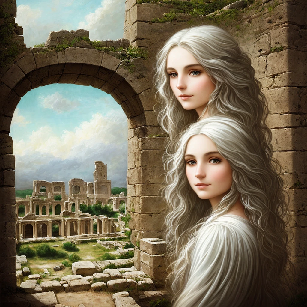 "A majestic oil painting depicting a woman with dark wavy hair with white locks, her eyes of shimmering white color, looking at the scenery with a sense of mystery and wonder amid a backdrop of ancient archaeological ruins. The intricate details in her hair, the textures of the ruins, and the subtle use of color throughout the painting combine to create a sense of hauntingly beautiful elegance."