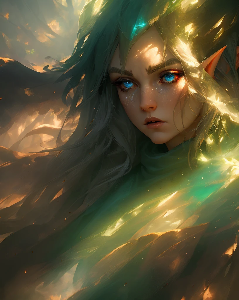 stylized female elf, dramatic, emotional, determined expression, forest scene, fog, sunbeams, (backlight:0.5),particles,glow,power,dramatic angle,artistic composition,masterpiece,streaks of magic light,nebula,galaxy