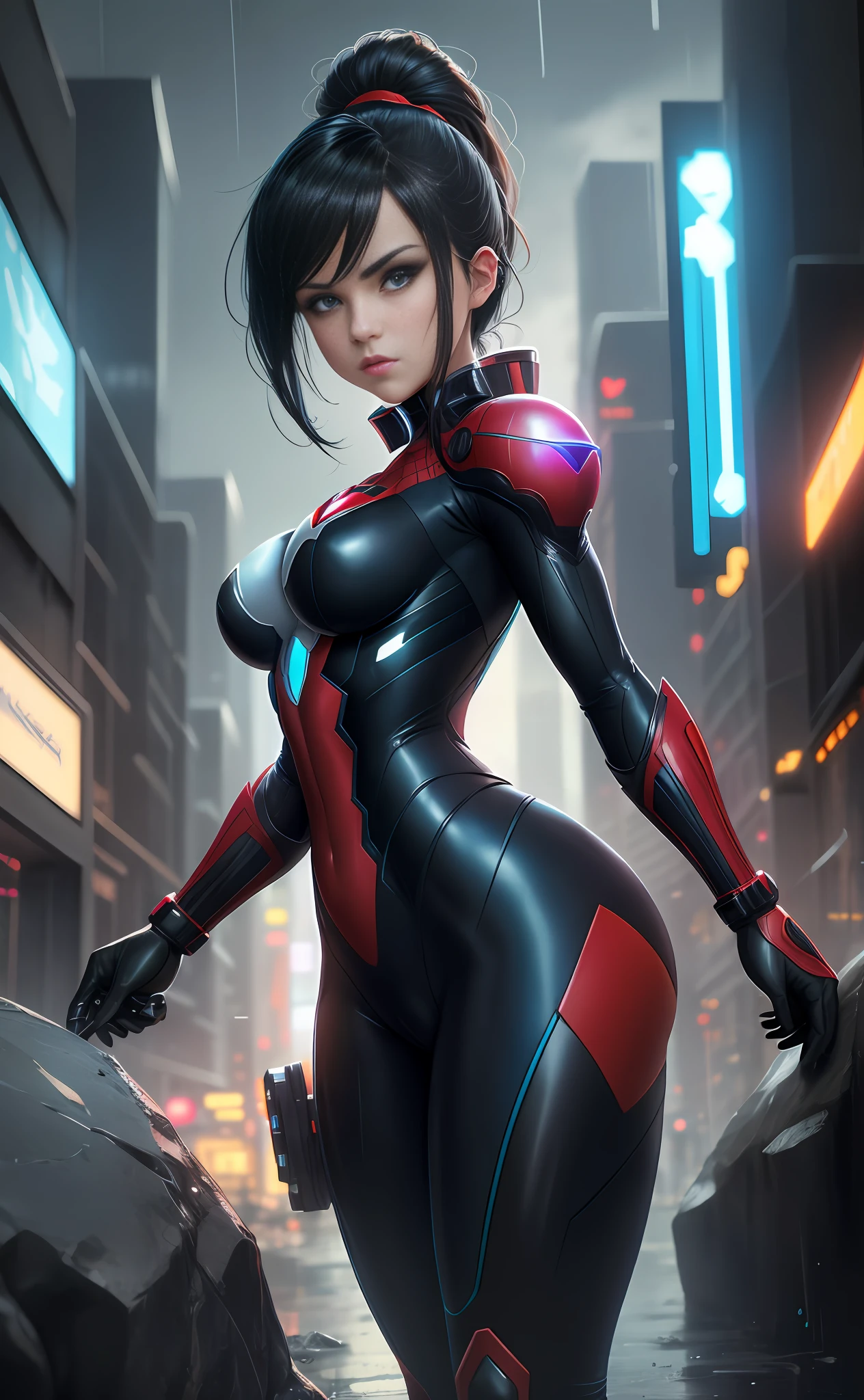 8K highly detailed image,Unreal Engine 5,Anime style,Mega Man-X style,SpiderMan style,Batman style,Super Metroid style,Cyberpunk style. Image of a woman cosplaying Mega Man-X/Samus Aran/SpiderMan/Batman. Black hair,blue eyes,staring intently at the viewer,extreme upgraded suit,weapons,set in futuristic city with heavy rain,facing viewer,with a furious look.