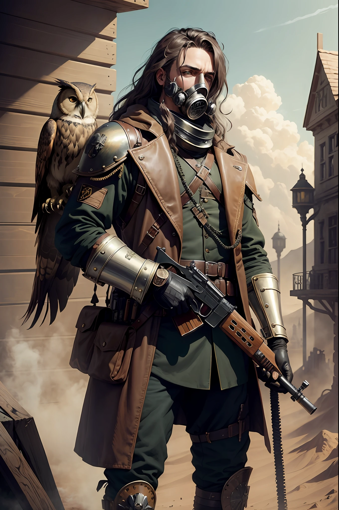 Steam punk scenario, wallpaper, 4K, dune-inspired, masterpiece, painting, hyper realistic, character with gas mask, long hair, gun in hand, leather armor, with a large owl on his shoulder. 1:1