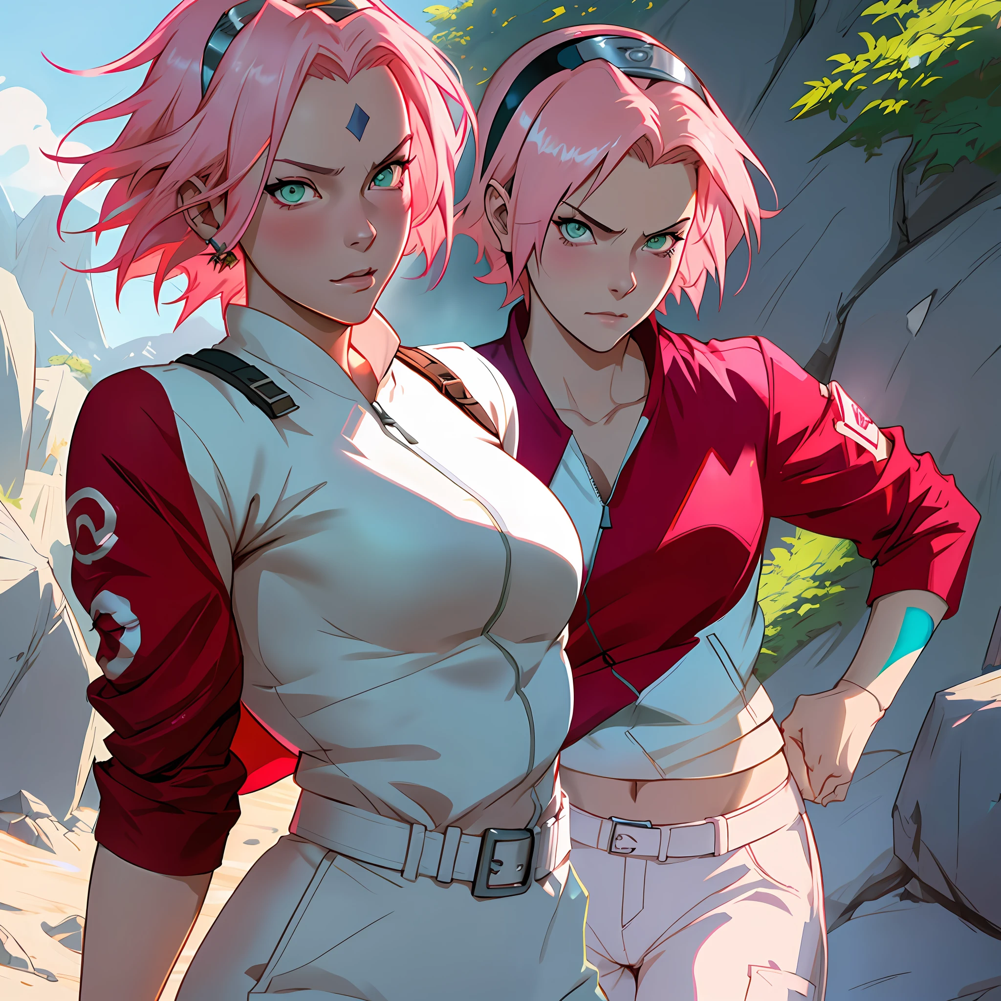 Beautiful woman, Sakura haruno, seductive, ((forehead to show)), alone, attractive, sensual eyes, green eyes, red coat, pink hair, white skin, delicate, young, short hair, white pants, detailed face, high definition, full body, ((punching)), defined features, well-drawn strokes, from League of Legends, trend in artstation, by rhads, andreas rock, rossdraws, makoto shinkai, laurie greasley,  Lois Van Baarle, Ilya Kuvshinov and Greg Rutkowski