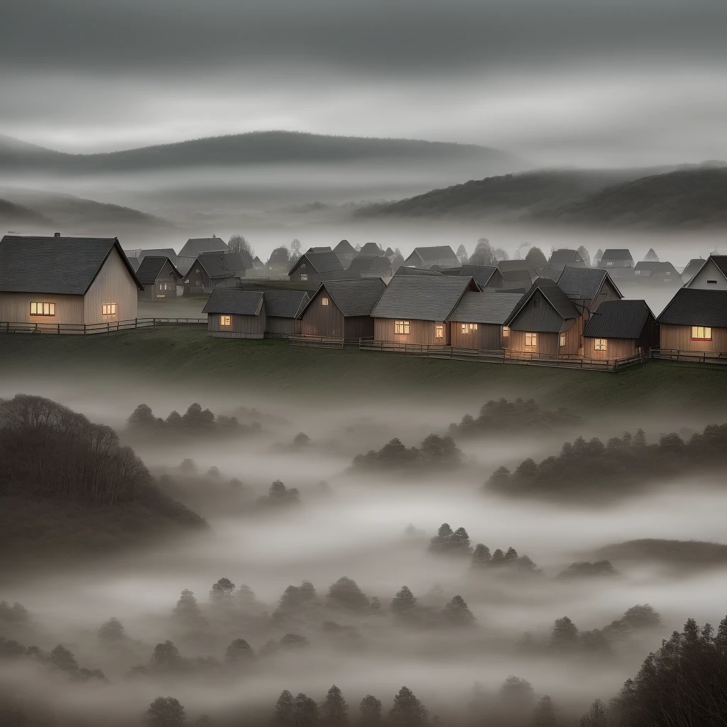 Village, wooden houses, gray sky, fog, gloomy scenery, no people