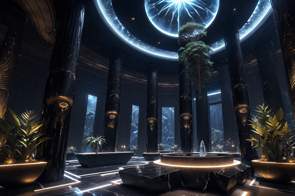 incredible black luxurious futuristic interior in Ancient Egyptian style with many (((lush plants))) (lotus flowers), ((palm trees)), (flowers), rocky walls, (sand), ((waterfalls)) (marble), ((precious minerals)), ((metals)), (gemstones), crystals, clouds and ((water)), futuristic luxury furniture, (hieroglyphics), ((trees, flowers, plants made out of gemstones and precious minerals and lights)), crocodiles, (((ultra luxury))), (black marble) – with ((beautiful lights)), Unreal Engine, HQ, 16k