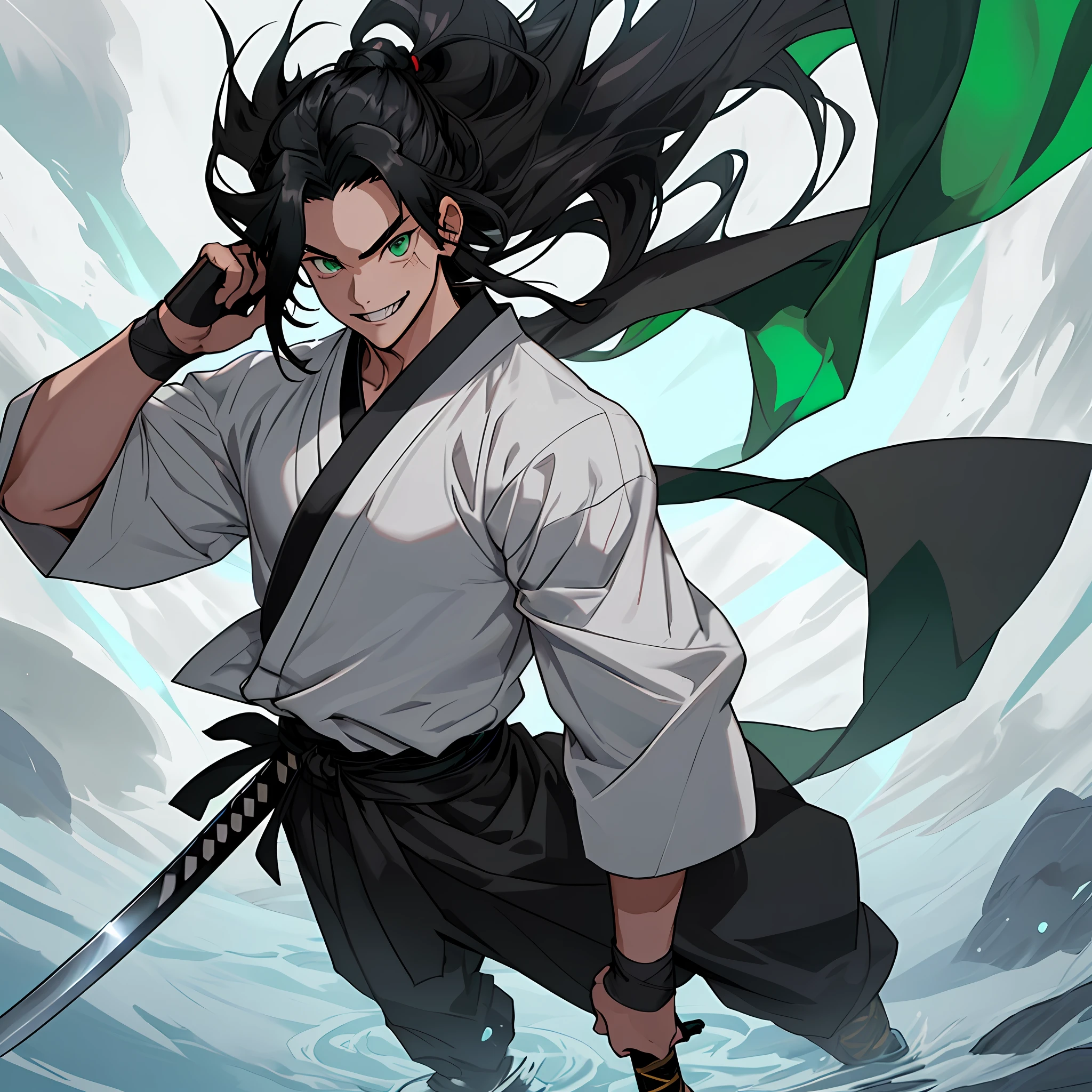 best quality (katana: 1.4), serious,(at night: 1.4), a single 16-year-old who has long black hair that is loose to the winds, and poured down his body, smooth and shiny, which fall gently to his back. Your hair is thick and has a healthy appearance, your hair is large and not stuck, contrasting with your fair skin. The young man's eyes are deep and emerald green, intense as two light pearls. They reflect calm and an inquisitive curiosity. With his upright posture, the young man shows a confident bearing and a cheerful and hyperactive aura. He is shirtless and underneath wears the underside of a white and light green kimono with blue-green accents with printed grey clouds, with a large yellow ribbon at his waist, sleeveless, made of a quality fabric. giving him the look of a swordsman. At his waist, he carries a white katana with gray details on the blade. The long, sharp blade is made of polished steel, reflecting light. The katana grip is wrapped in black leather, offering a firm and secure grip. The scabbard of the sword adorned with demonic symbols. Kimetsu no Yaiba style, alone, 1boy, a little muscular, demon slayer style, loose hair, petulant look, smiling, tall, confident, only 1, hair shed, hair loose and big, demon slayer artstyle, full body