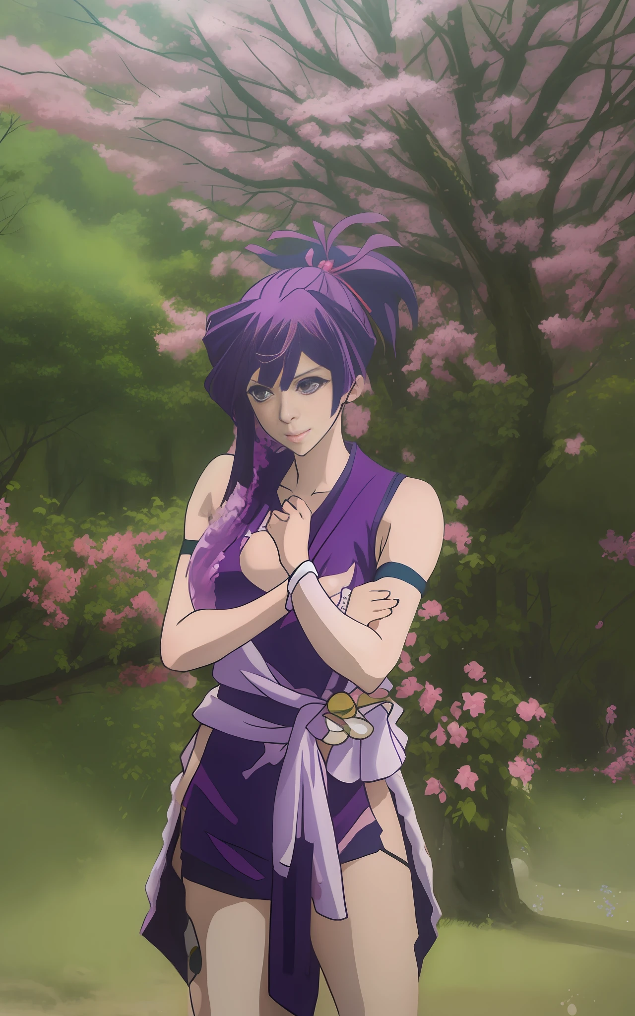 anime girl in purple dress posing in front of a tree, misato katsuragi, juri misaki, maya fey from ace attorney, rin, mai yoneyama, kasumi arimura style 3/4, koyoharu gotouge, yuuka kazami, photorealistic anime girl render, the non-binary deity of spring,Yuzuriha from Hell's Paradise, asymmetrical hands and arms