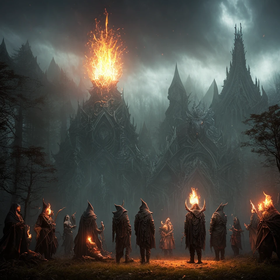 Satanic ritual in forest, hooded people in a circle, horrifying demon with frog face, hazy background, realistic epic, rutkowski, hdr, intricate details, hyperdetailed, cinematic, rim light, muted colors: 1.2, dark fantasy, dark sky, with dark mountains in the background, dark atmosphere, fear, horror, torches of fire, red, dark forest, night, scary