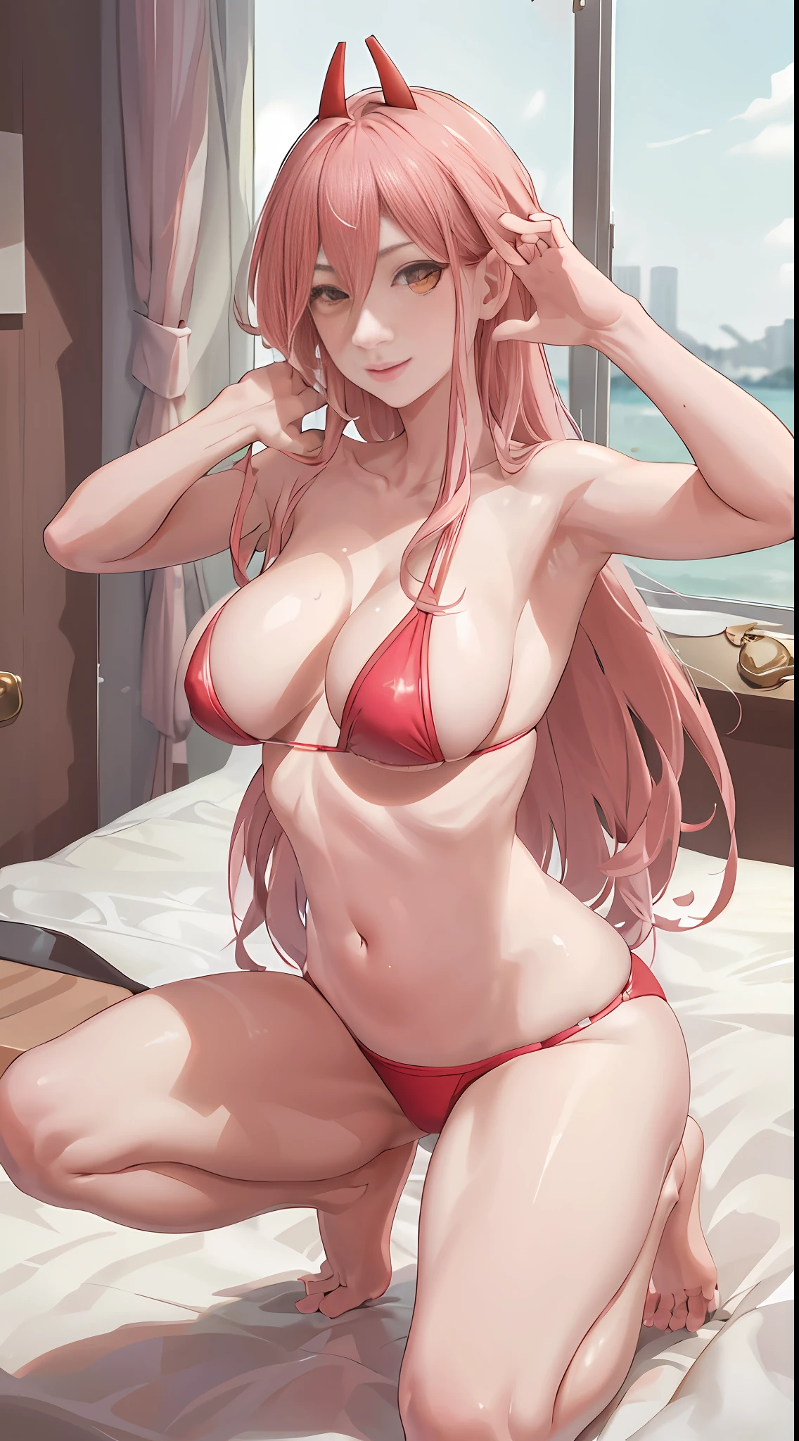 4K, Masterpiece, highres, absurdres,
nuisette, skin, a woman with a discomfort, posing in front of a bed,pink hair
