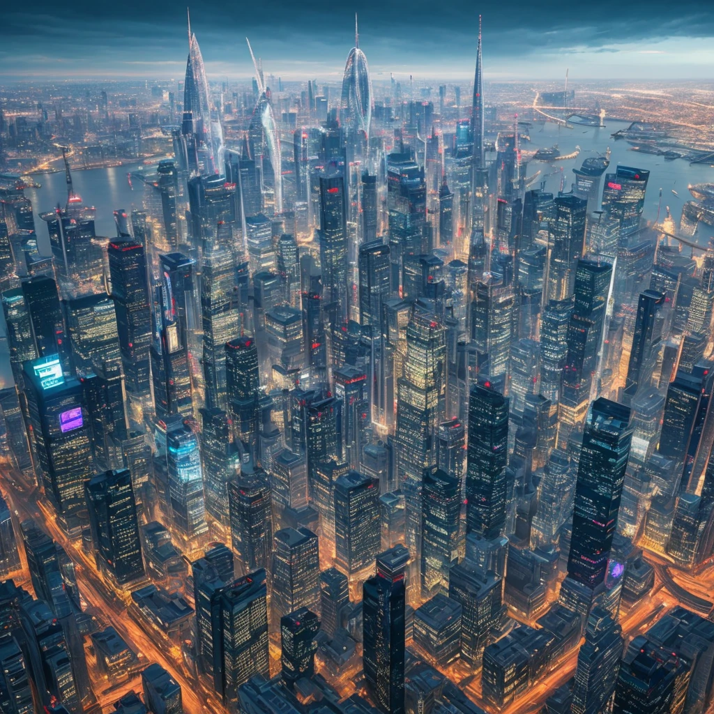 "British outfit, cyberpunk, city, top look, lots of details, good light work, 4K full HD" - "See a giant metropolis from a bird's eye view: a British city with cyberpunk inspiration, where a lot of details also take their place in this world, and come out ahead thanks to the wonderful work with light to create an unforgettable look at full 4K resolution."