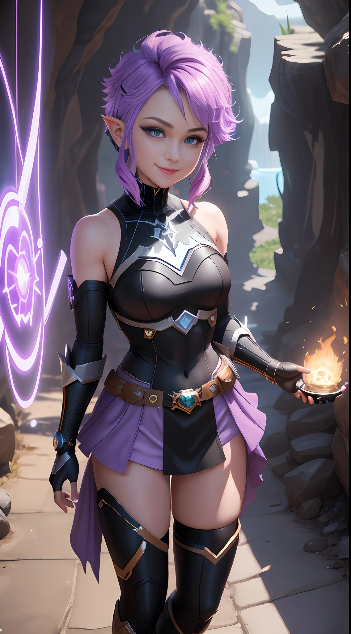 8k ART AI using Unreal Engine 5, in a Disney+Anime style, in Marvel.Full body shot:The subject is Princess Zelda with a short,purple,mohawk-style hair,blue eyes,like Batman+Spiderman,looking at the viewer with a smile.The background is the Black Soul's Pirate Treasure Cave.