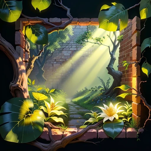 An antique brick wall, with branches of plants rising through the cracks, flowers sprouting from the cement, old woody aspect, forest, rays of sun, HD