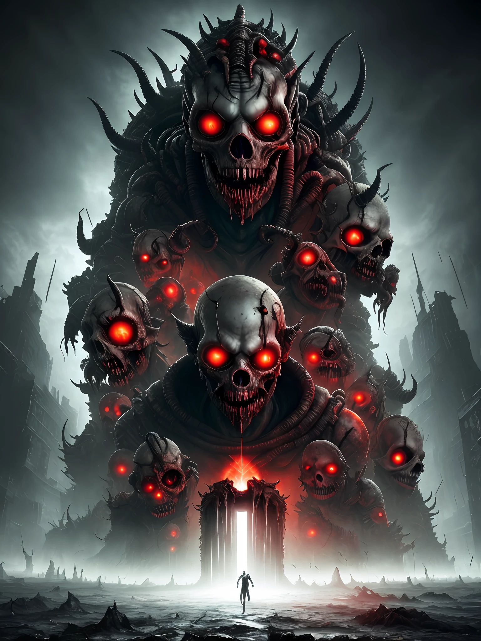 masterpiece, 4k, sharp focus, highest quality,wide shot,Imagine a world where darkness and cold have taken over, and you find yourself in the depths of the nine layers of hell. The once vibrant landscapes have now become desolate wastelands filled with endless suffering. The skies are obscured by a thick haze, and the only sounds you hear are the cries of the damned. As you make your way through the levels, you encounter demons and tormentors, each determined to keep you from escaping their grasp. Can you survive the horrors of each layer and find a way out of this dark and cold hellscape